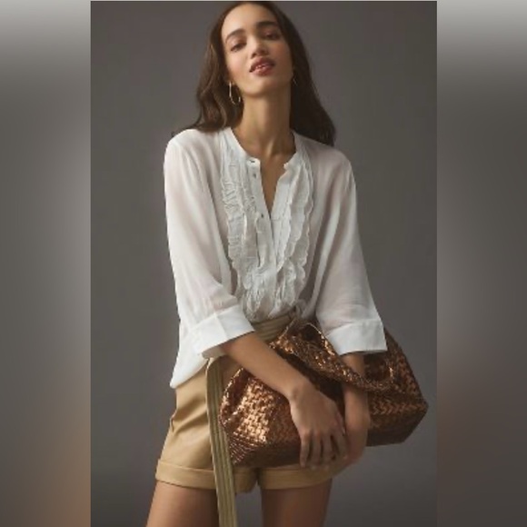 Anthropologie Ruffle Front ButtonDown Shirt | White | Medium - Picture 1 of 12